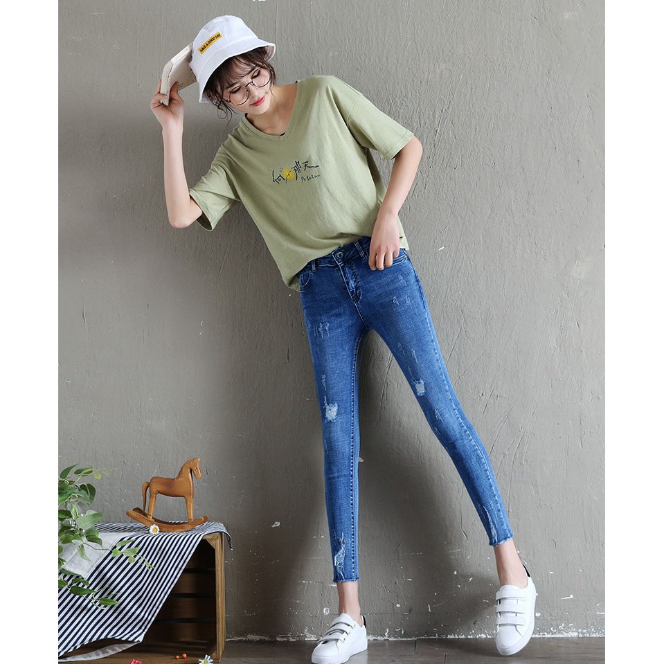 Quần jean 9 tấc nữ Quần bò nữ lững cào xước siêu co giản 40-65kg
