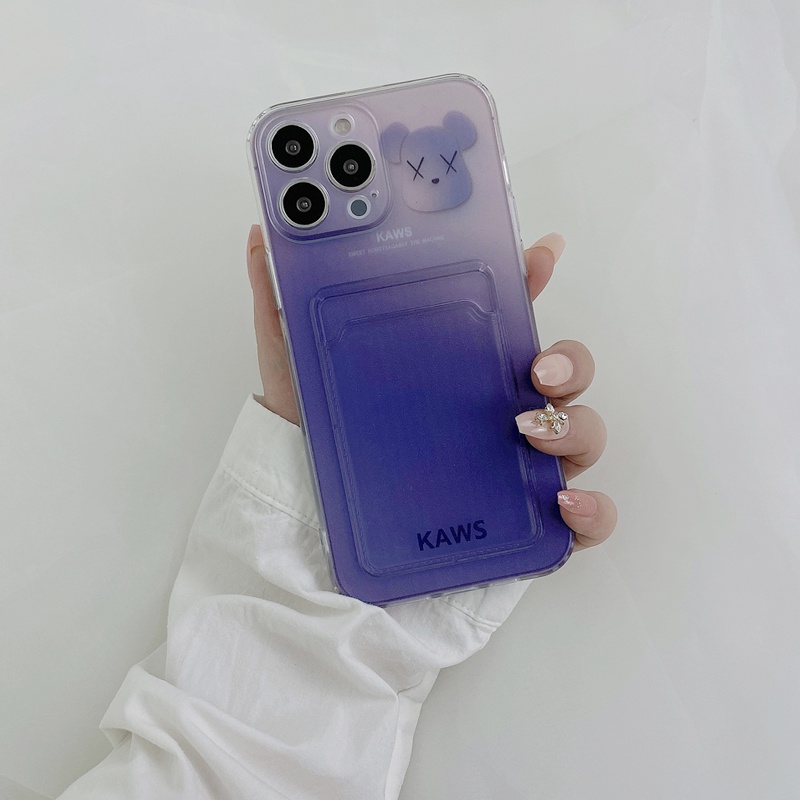 Ốp Điện Thoại Màu Tím Họa Tiết Chú Gấu Thời Trang Chống Sốc Kèm Ngăn Đựng Thẻ Cho iPhone 14 / 13 / 12 / 11 / X / 8 / 7P