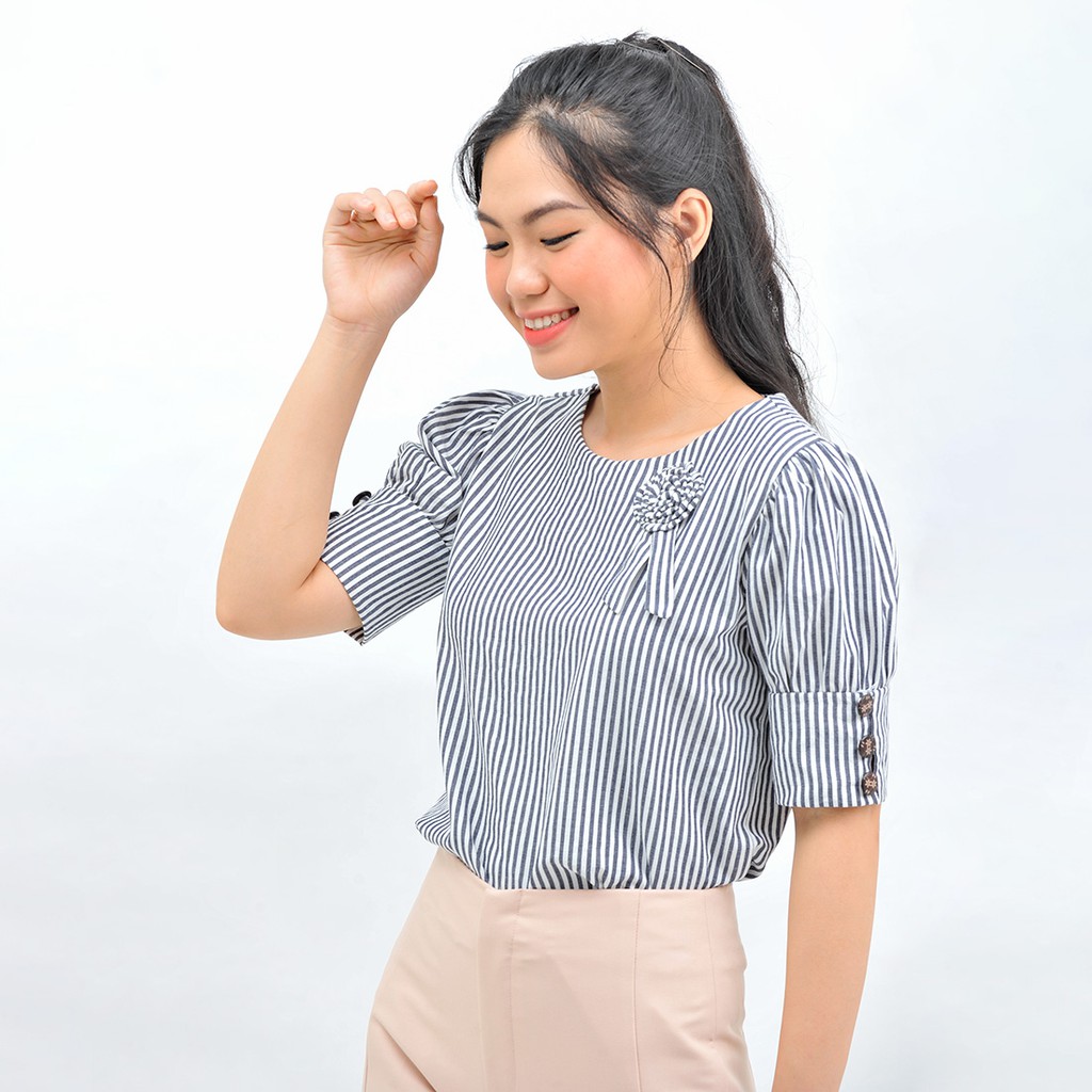 Áo kiểu sơ mi công sở nữ thiết kế thời trang Eden tay ngắn cổ tròn dáng suông kẻ sọc freesize - ASM120