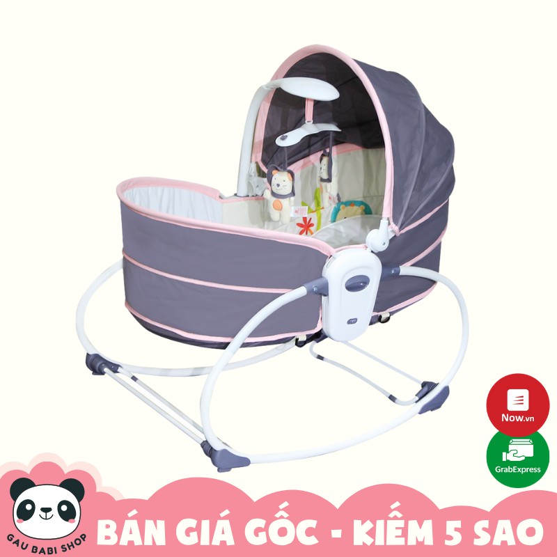 FREE SHIP !!! Nôi rung bập bênh kiêm xách tay và ngủ chung giường bố mẹ cho bé 5 trong 1 Mastela Xám Viền Hồng