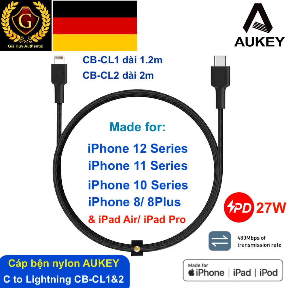 Cáp sạc nhanh iPhone 12 Series, iPad Pro AUKEY CB-CL1&amp;2 USB-C ra Lightning chuẩn MFi - dài 1.2m &amp; 2m