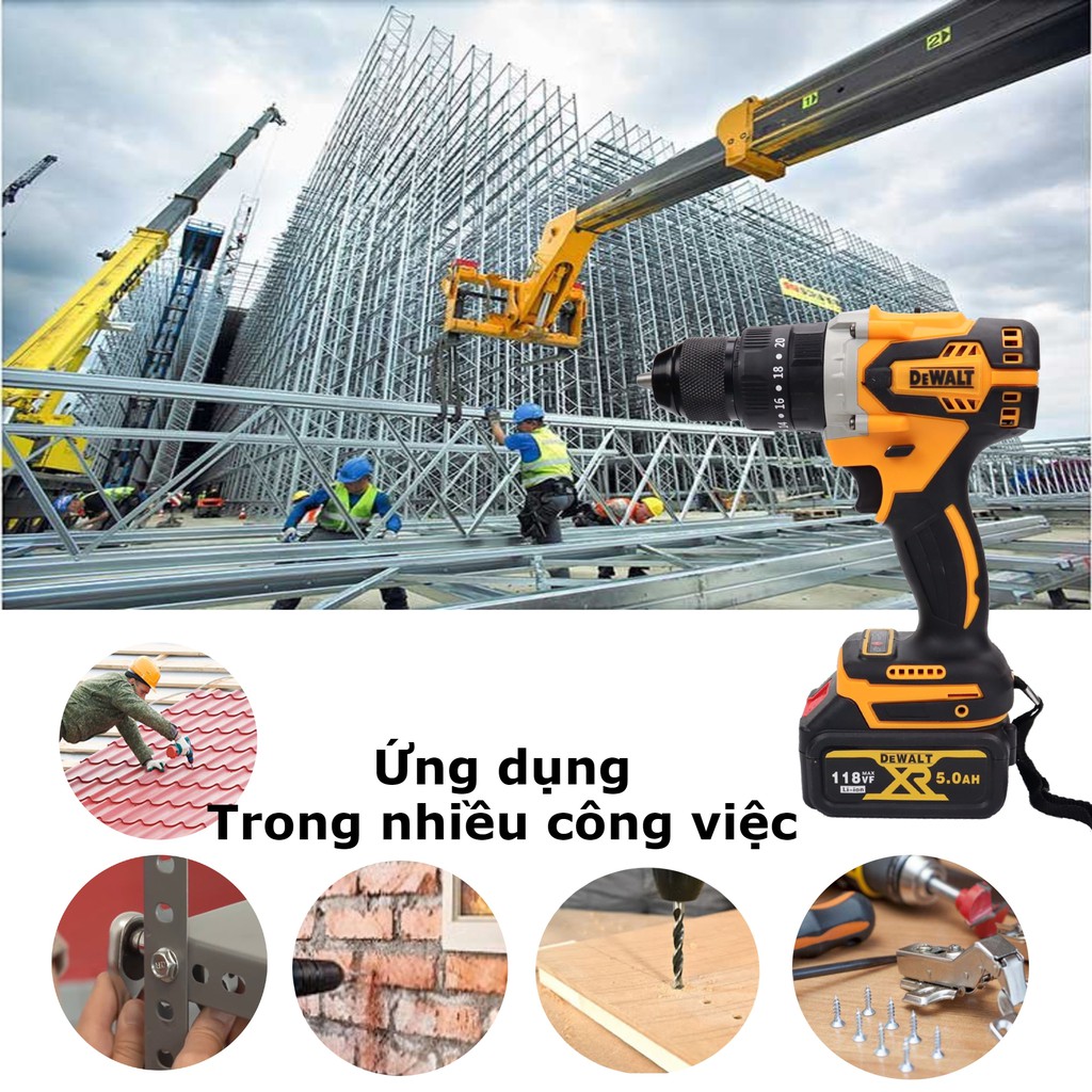 Máy khoan pin Dewal 118v đầu 13mm đa năng có búa không chổi than