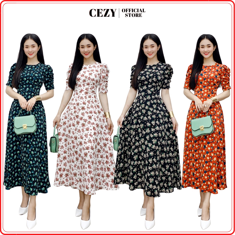 Đầm hoa nhí cổ tròn tay phồng dáng xòe dài có size bigsize CEZY D132