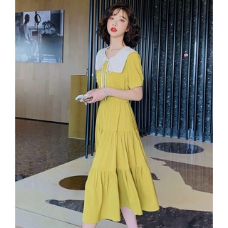 Đầm midi vàng tầng cổ thuỷ thủ trắng (kèm hình thật)