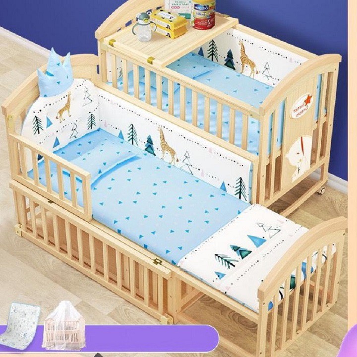 Cũi gỗ cho bé chuyển đổi thành giường 1m6, Cũi gỗ đa năng 6 chế độ tiện lợi cho mẹ và bé gồm đệm quây gối hoàng gia