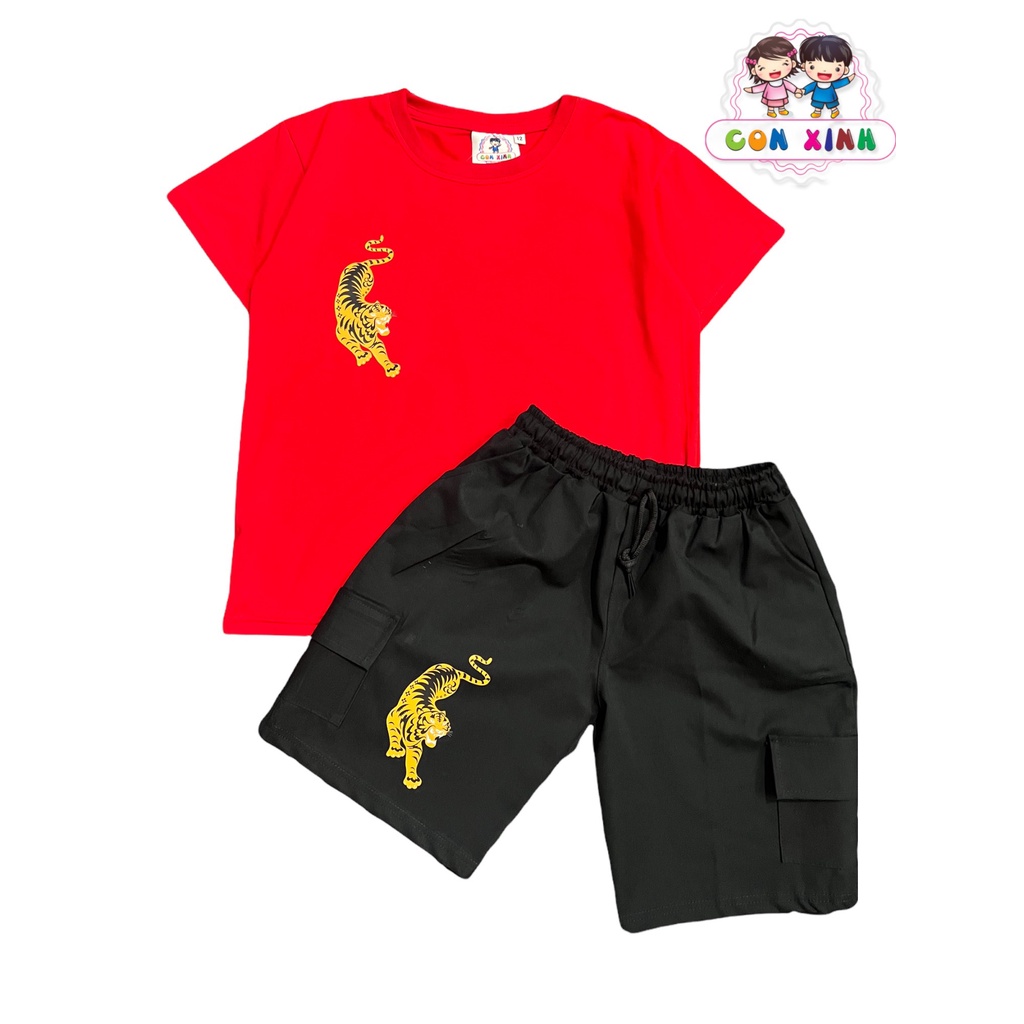 Bộ đồ bé trai CON XINH cotton quần kaki hình in Cọp vằn 2022, thời trang trẻ em thừ 4 đến 10 tuổi