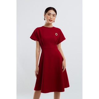 EDINI - D1229 Đầm xếp eo cổ tròn