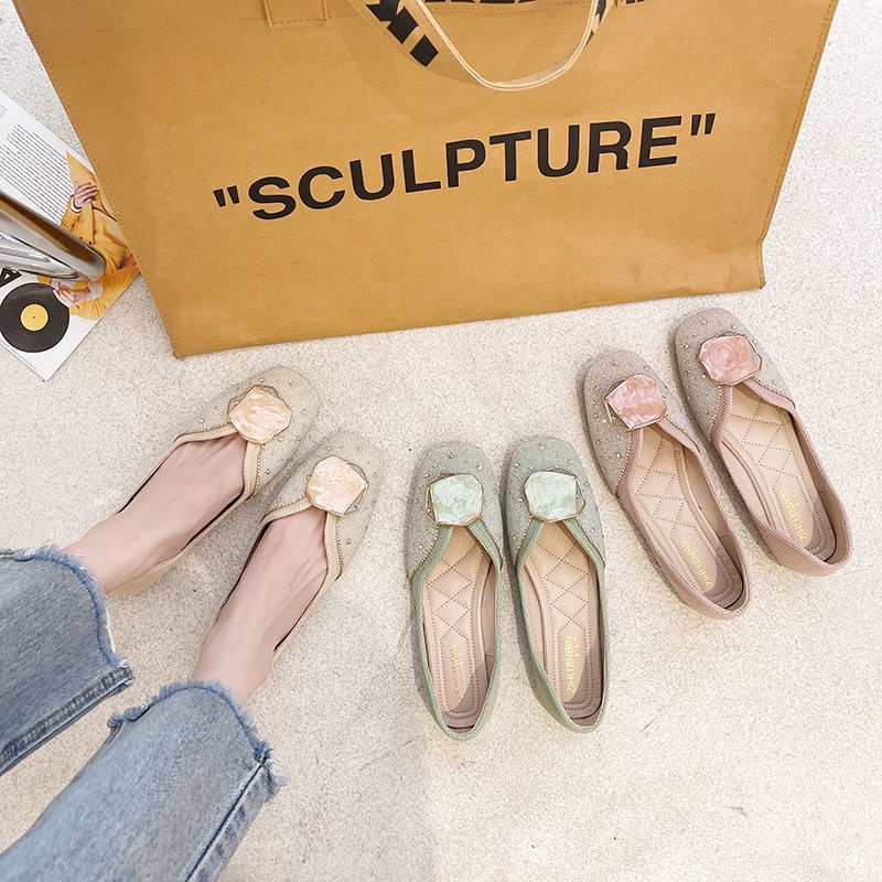 Giày Búp Bê Da Mềm Mũi Vuông Đính Đá Thời Trang Mùa Thu Dễ Phối Đồ Cho Nữ 2022