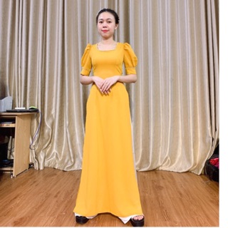 Áo dài vàng đồng💥FREESHIP 💥 Áo dài cổ vuông tay bo trẻ trung chất lụa Tây Thi 2 tà