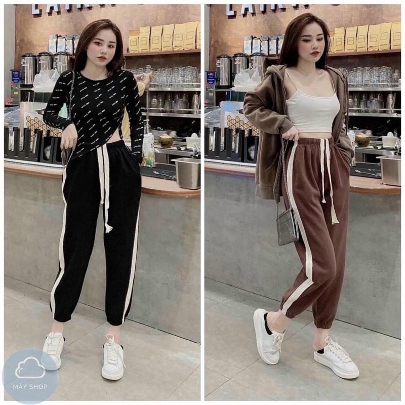 Quần dạ nữ phối dây tết màu trắng sườn chun gấu hàg nỉ dày ấm vải chụp cận chất