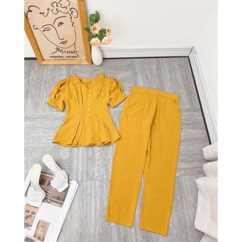 Set bộ đũi trơn cổ tim nút dọc lệch tay phồng quần dài ống suông ôm bigsize 40-72kg