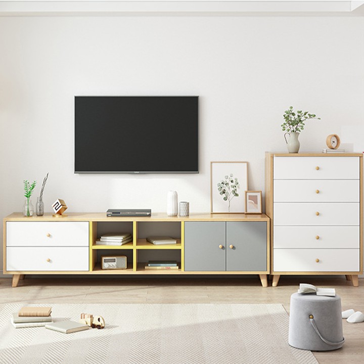 Mẫu tủ kệ tivi khác sử dụng gỗ MDF phủ Melamine