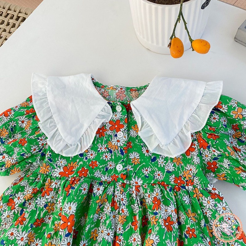 Đầm Công Chúa Tay Phồng Cổ Búp Bê In Họa Tiết Hoa Cho Bé Gái