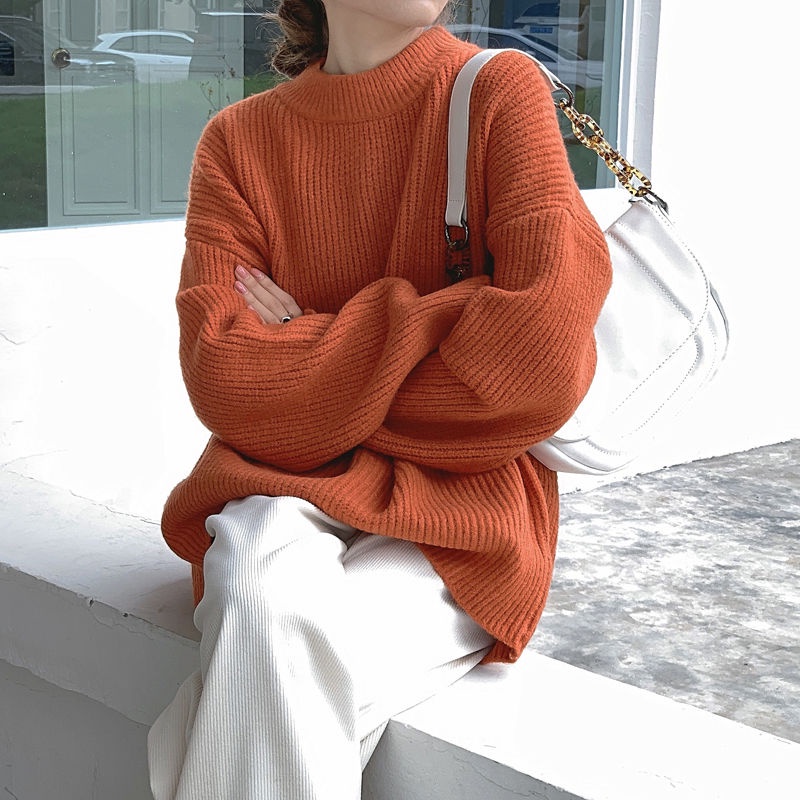Áo sweater cổ tròn dáng rộng màu trơn mềm mại phong cách Hàn Quốc cho nữ