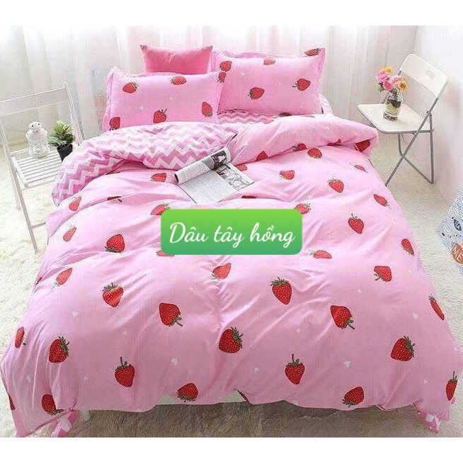Combo 3 món bộ drap ga giường 1m4x2m chất liệu cotton poly hàn quốc-mẫu dâu tây hồng