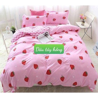 Combo 3 món bộ drap ga giường 1m4x2m chất liệu cotton poly hàn quốc-mẫu dâu tây hồng