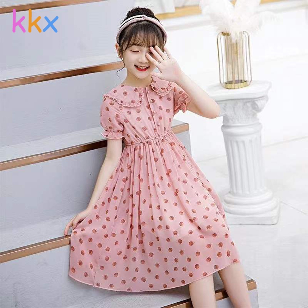 Kkx Đầm Voan Cổ Búp Bê Họa Tiết Chấm Bi Phong Cách Hàn Quốc Thời Trang Mùa Hè Xinh Xắn Cho Bé Gái 3-13 Tuổi