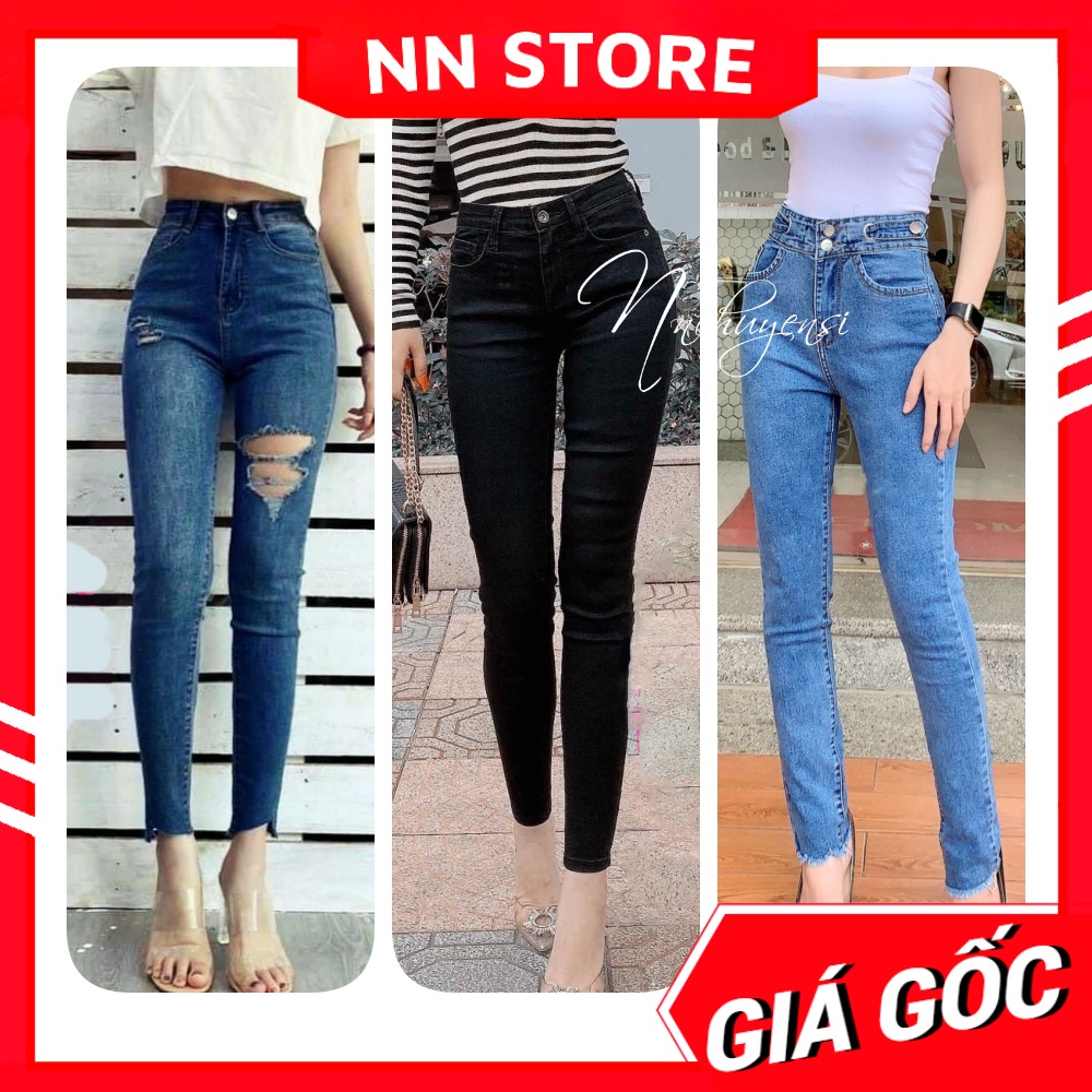 Quần jean nữ co giãn 🛑 Quần nữ chất jean cao cấp co giãn trơn lưng phối kiểu rách xước nhiều màu nhiều size dễ thương