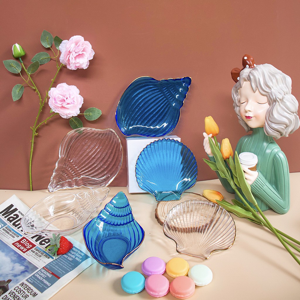 Bộ bát đĩa Thủy Tinh 💚VỎ SÒ 💚 Bộ Đĩa decor nhà bếp 💚 Set đĩa vỏ sò đáng yêu