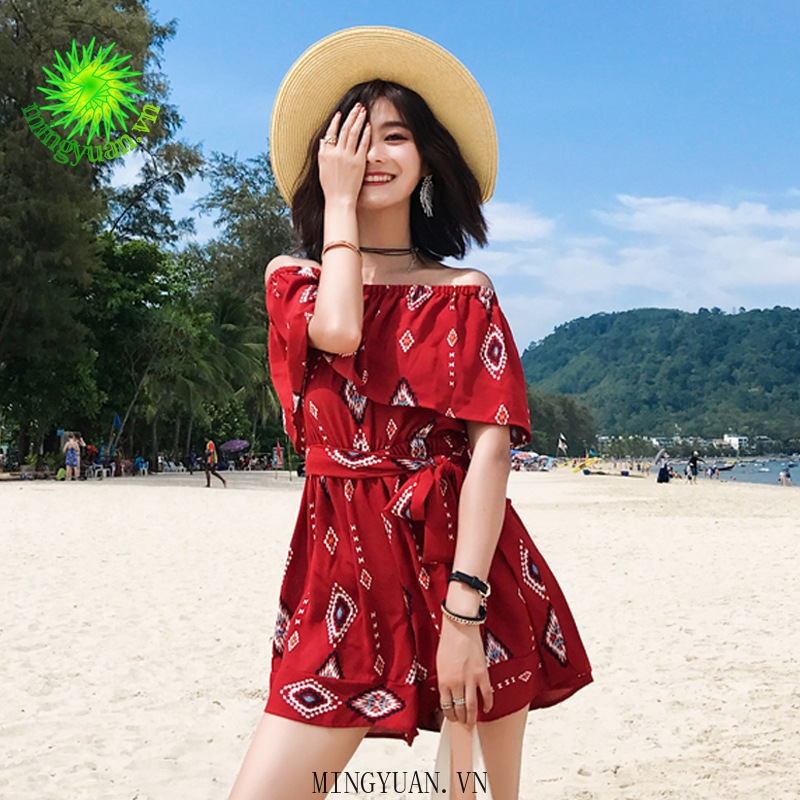 ( Mingyuan )New one-shoulder beach slim dress