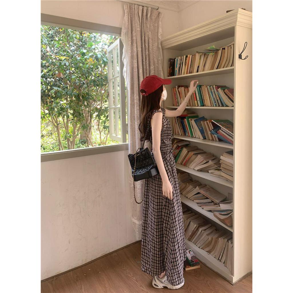 Đầm Dài Trễ Vai Dáng Chữ A Họa Tiết Sọc Caro Đính Nơ Xinh Xắn Thời Trang