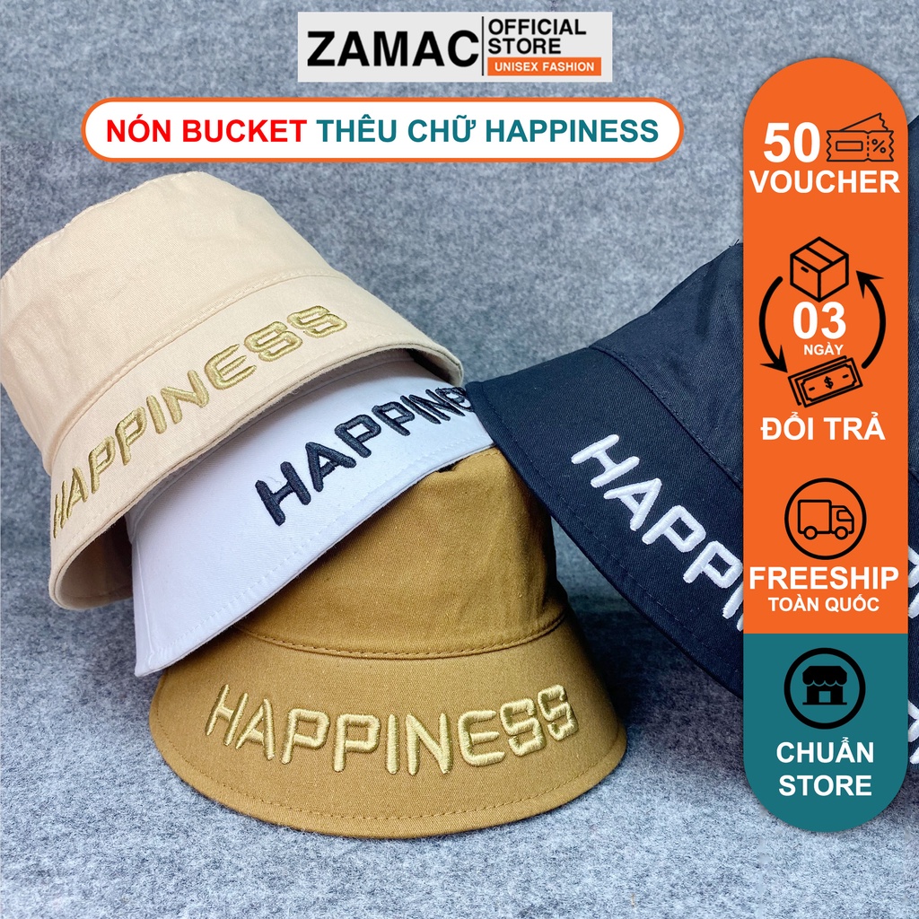 Mũ bucket, nón tai bèo ZAMAC vành cụp thêu chữ Happiness ZN7