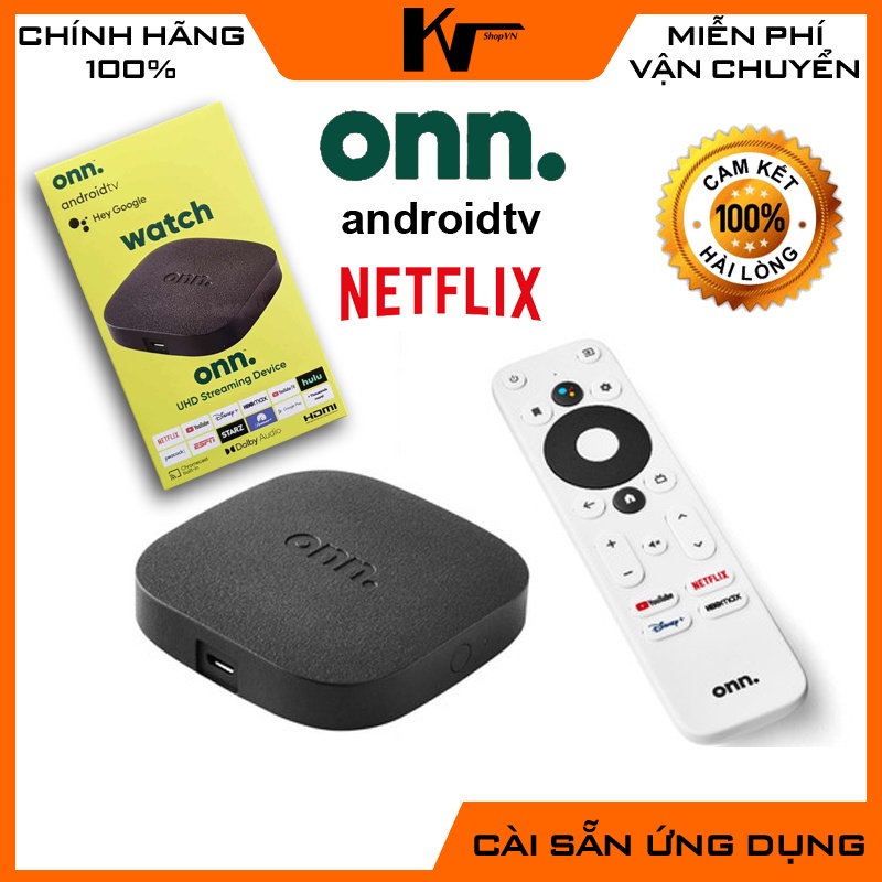 Android TV Box ONN TV Streaming, Android 10 chính chủ, Điều khiển giọng nói Bluetooth, Chứng chỉ Chrome cast, Netflix