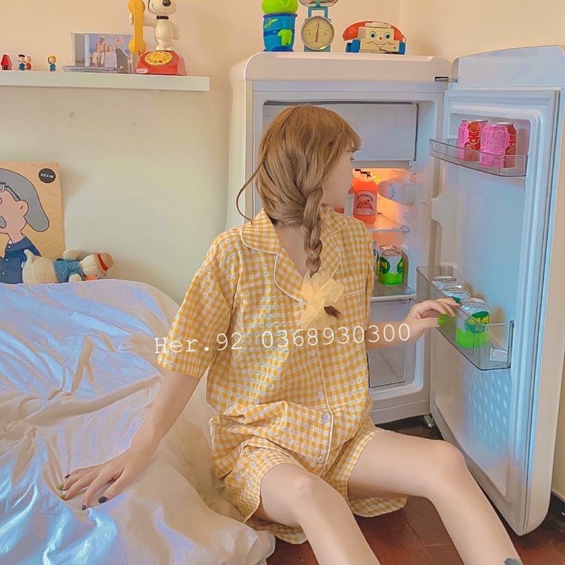 Bộ pijama kẻ ô quần đùi áo cộc mặc nhà siêu xinh đồ ngủ phong cách Hàn quốc