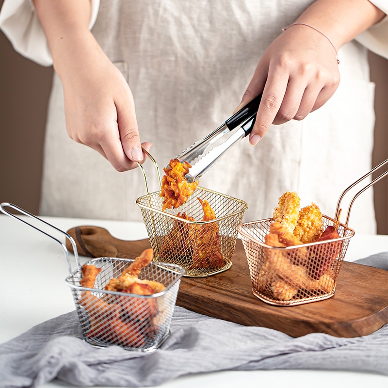 Giỏ sắt đựng đồ chiên có tay cầm ráo dầu nhiều màu tiện dụng
