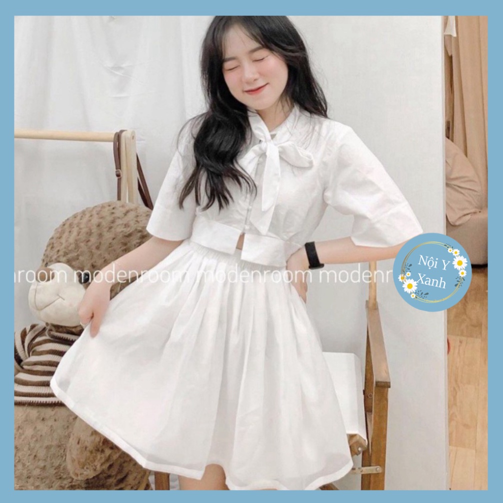 set váy áo crotop buộc nơ kèm chân váy có quần trong, set đồ nữ màu trắng điệu đà chất đẹp, thoáng hút mồ hôi