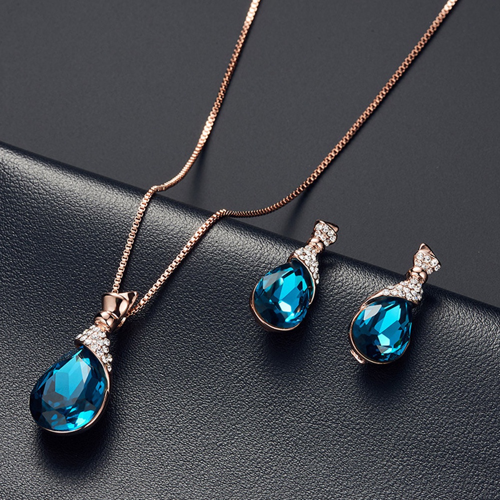 Bộ Vòng cổ + Bông Tai Đính Đá Hình Giọt Nước Cho Nữ