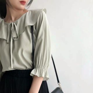 [Nhiều màu] Áo sơmi tay lỡ nhún bèo cổ sen thắt nơ xuất Hàn (có sẵn)