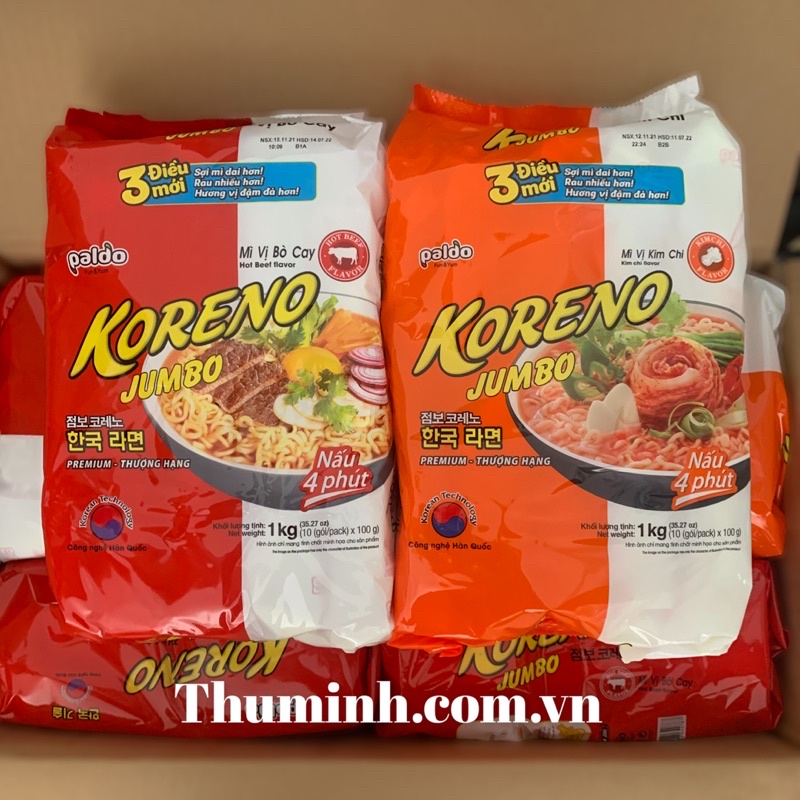 Mì Hàn Quốc Koreno Jumbo Vị Bò Cay, Vị Kim Chi Bịch 10 gói x100g