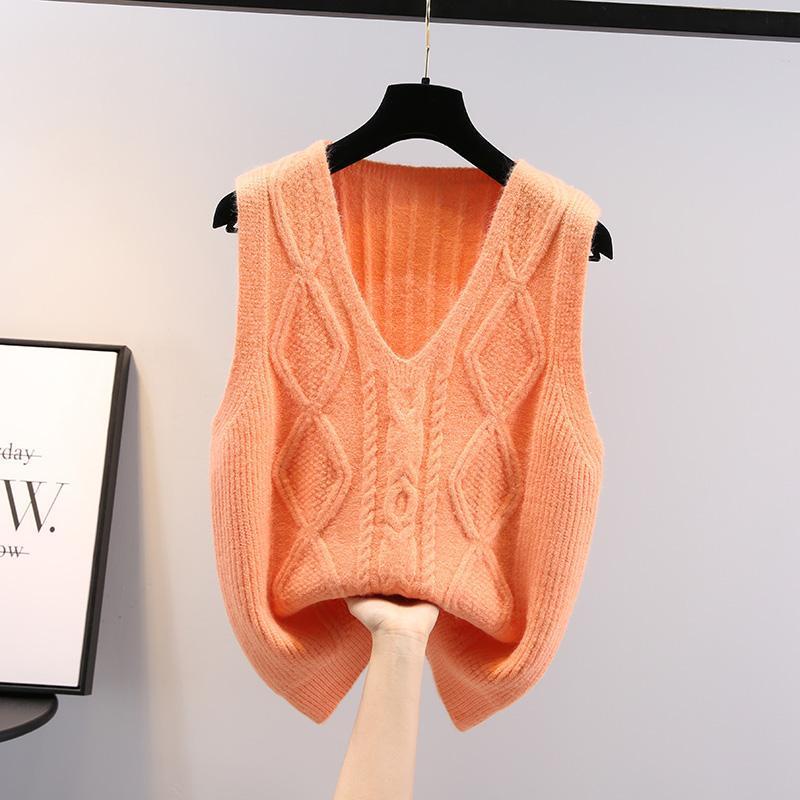 Áo Sweater Dệt Kim Sát Nách Dáng Rộng Cổ Chữ v Màu Trơn Kiểu Hàn Quốc