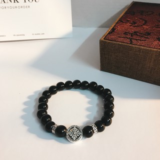 Vòng đá Obisidian đen tự nhiên tây tang  bạc thái 925 pháp luân xa