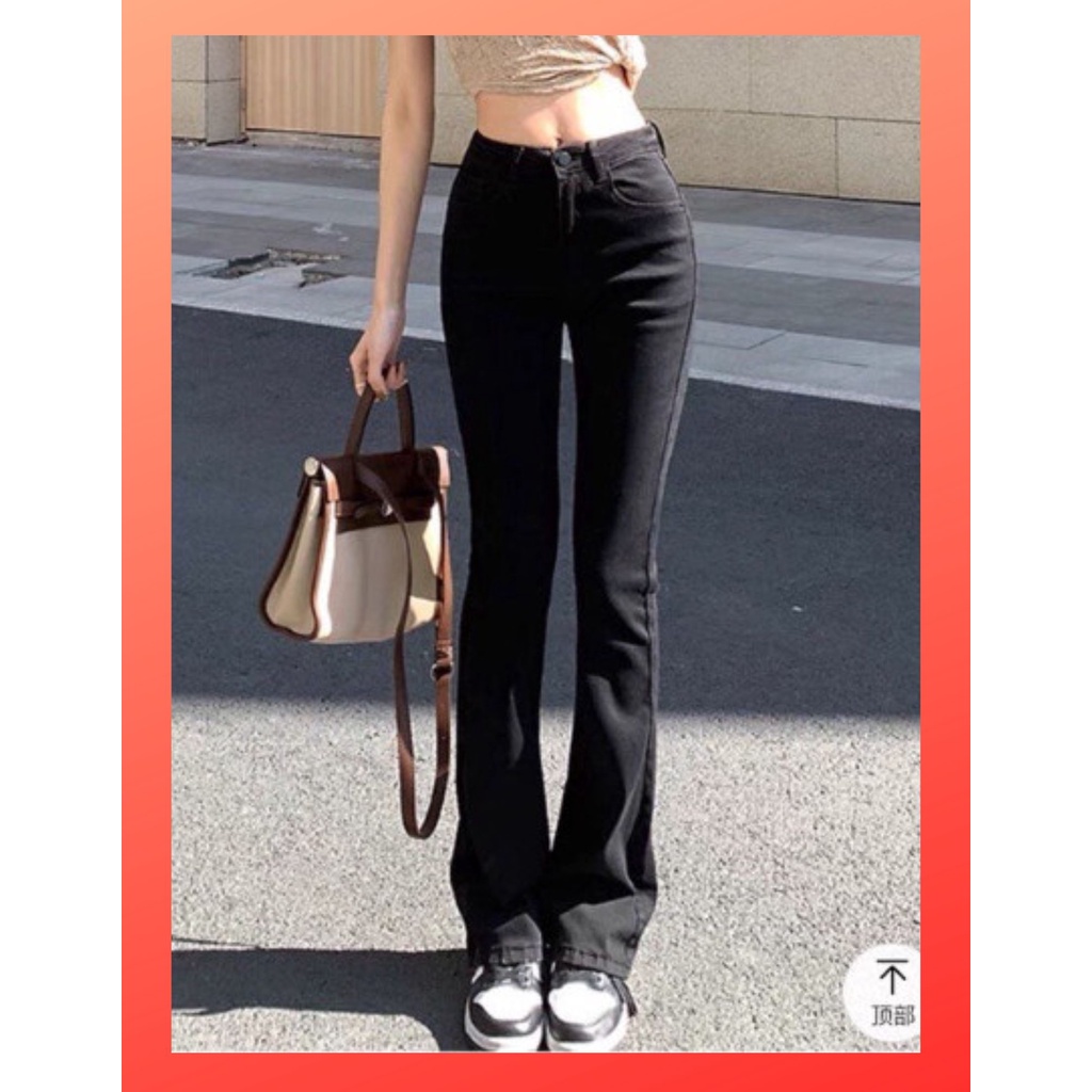 Quần jean ống loe cạp cao ulzzang, jean đen , Quần legging