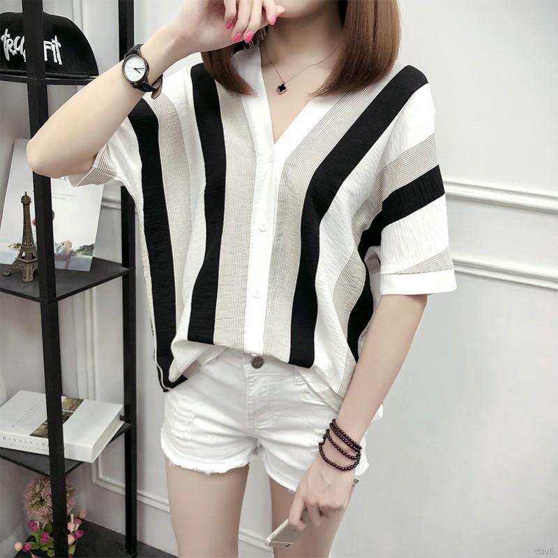 Áo kiểu tay lỡ họa tiết kẻ sọc cổ chữ V thời trang cho nữ