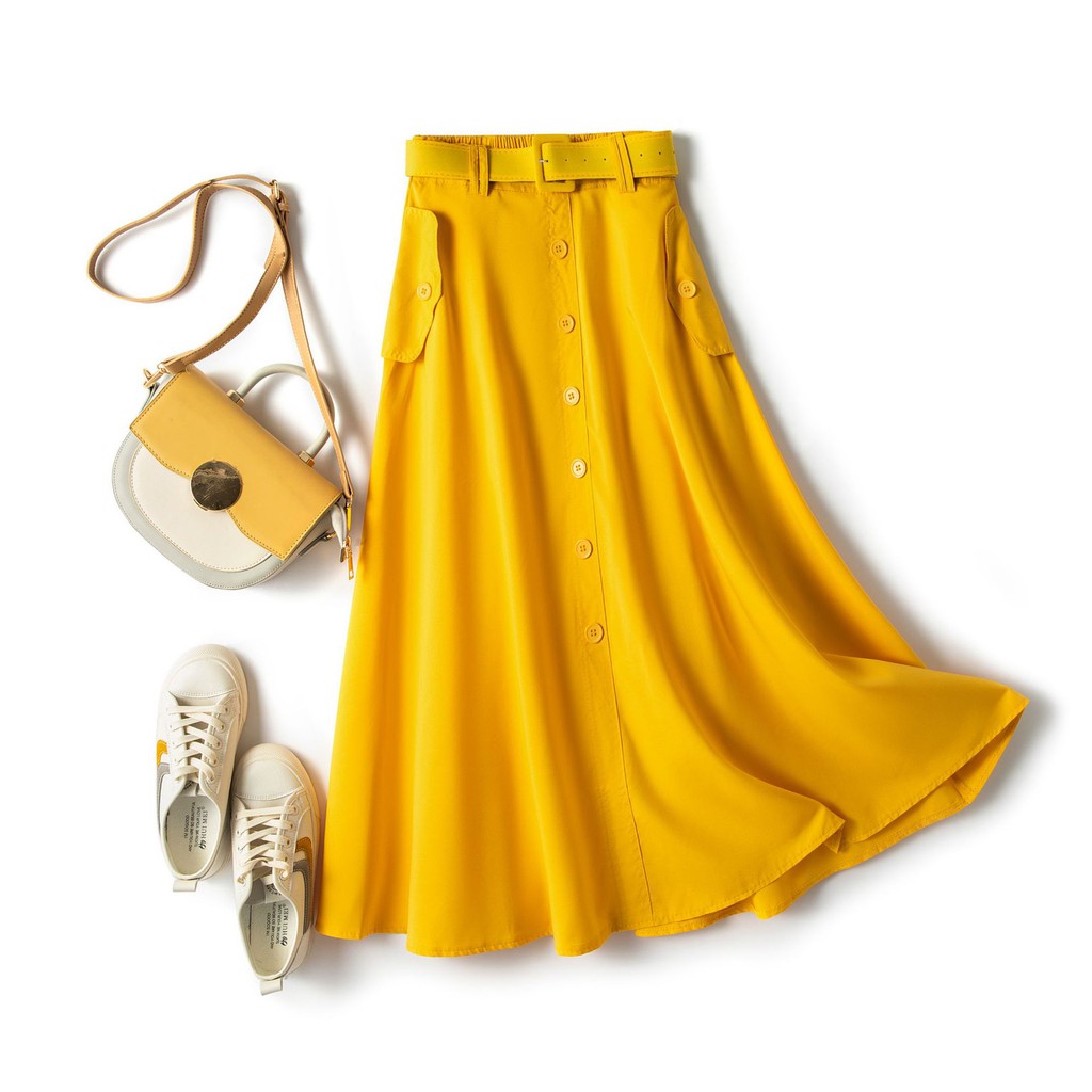 Chân váy dáng dàng đính túi cúc kèm đai vải xuông không nhăn free size VAY108