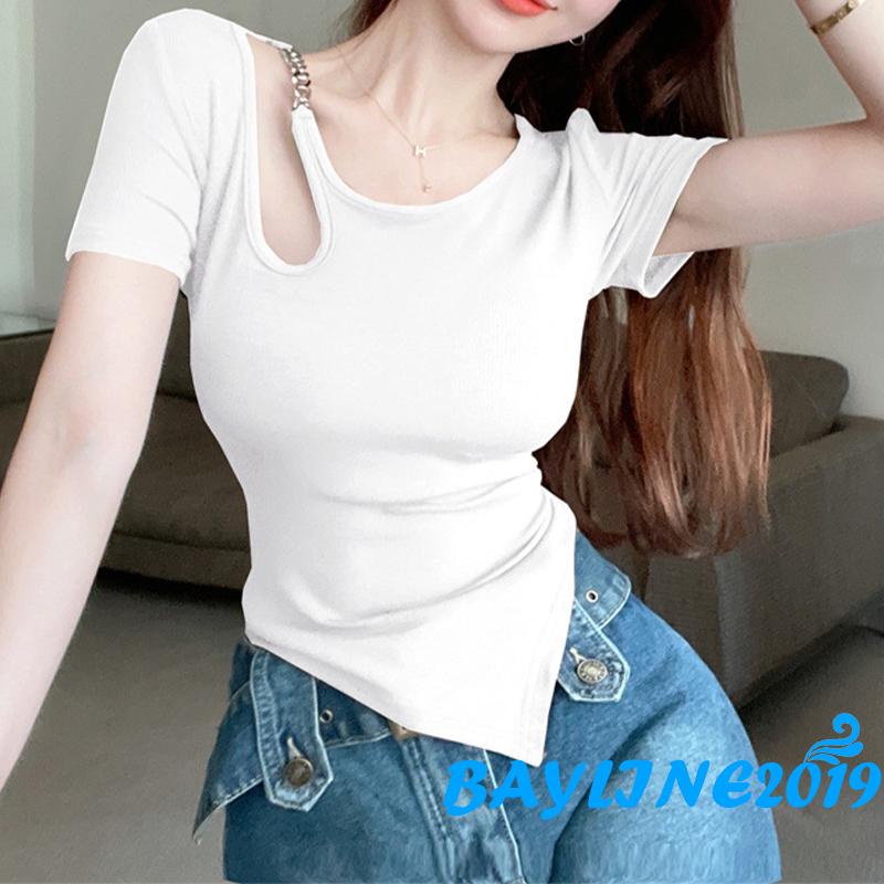 Áo Thun Tay Ngắn Phối Dây Xích Kim Loại Một Kích Thước Cho Nữ