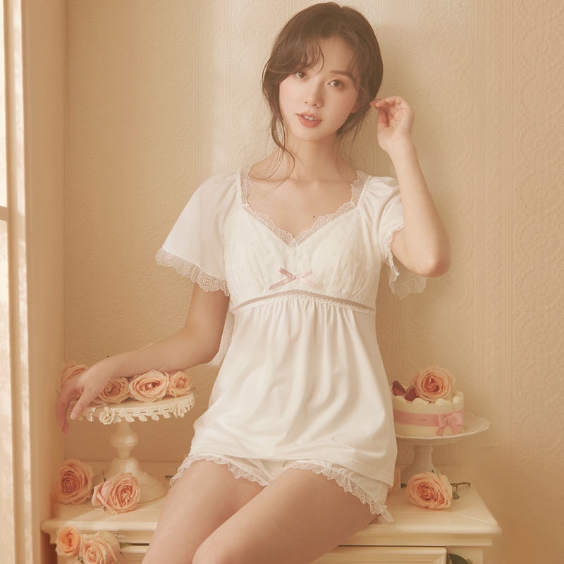 Bộ Đồ Ngủ Ngắn Tay Phối Ren Có Miếng Đệm Ngực Kiểu Công Chúa Nhật Hàn Thời Trang Mùa Hè 2022