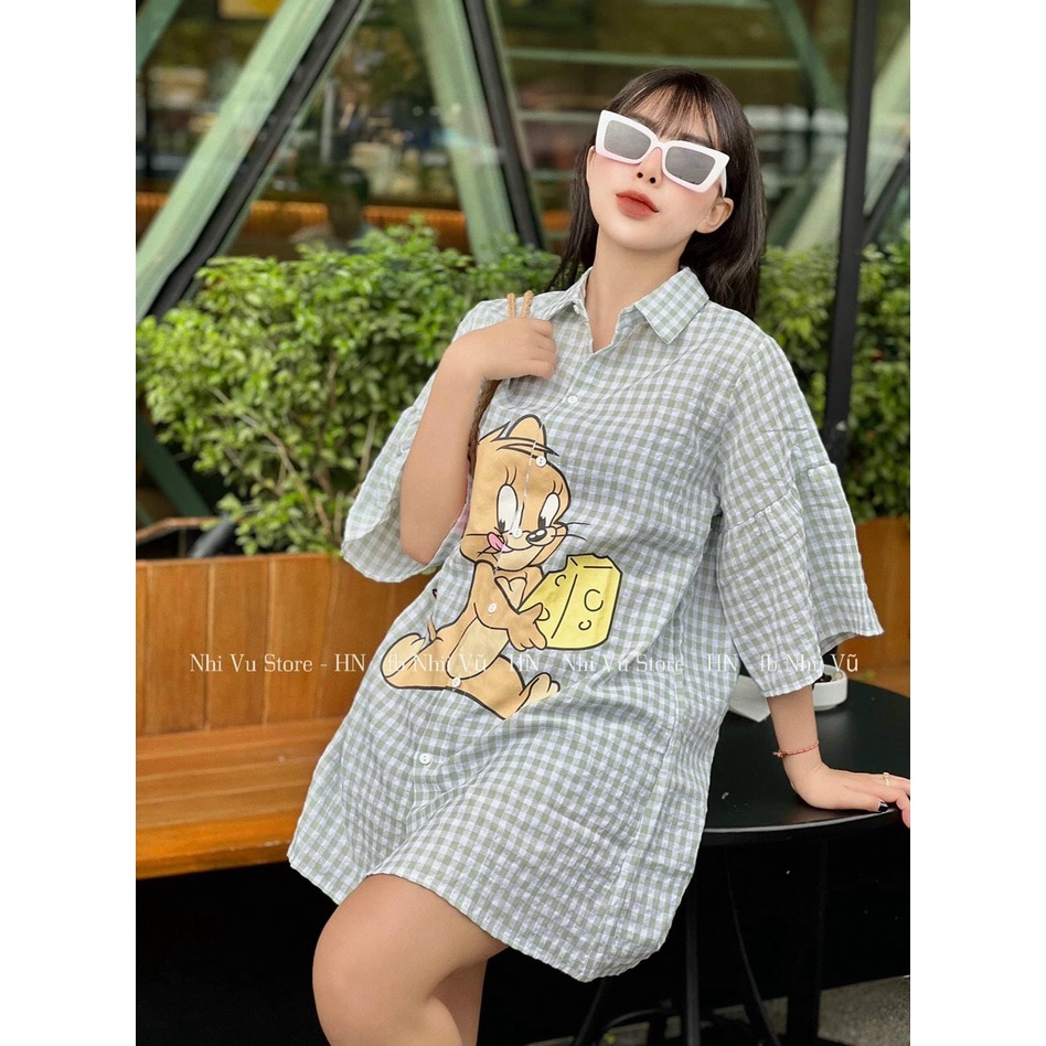 [10.10 Sales Freeship] Đầm sơ mi suông kẻ sọc in hình chuột jerry, đầm sơ mi tay lỡ basic đi chơi dễ thương dx