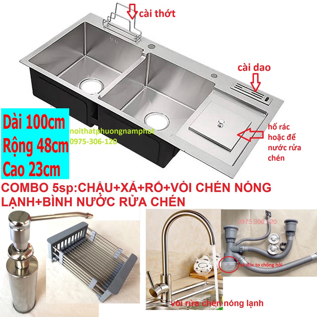 Combo Chậu Rửa Chén Bát INOX SUS 304 N3 10048 NA.GRAND và Xả và Rổ Đa Năng và Vòi chén nóng lạnh và Bình nước rửa chén