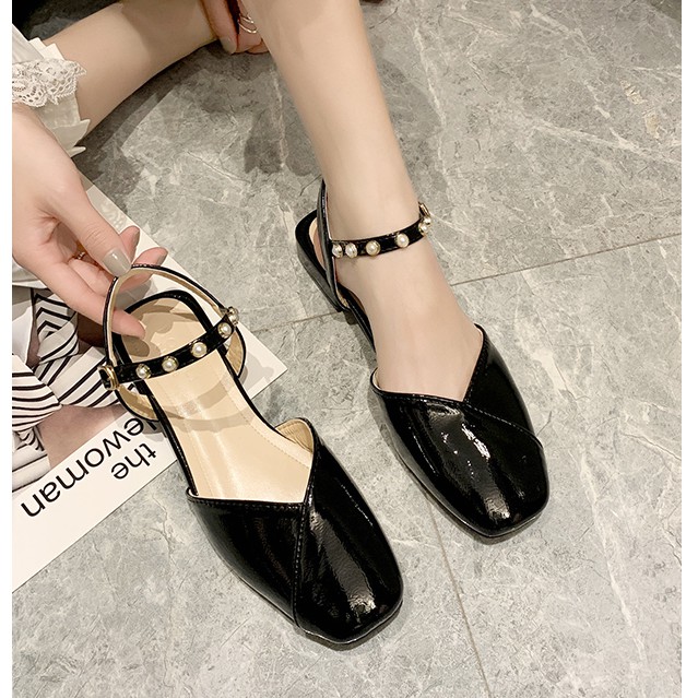 Giày sandal nữ bít mũi quai cài đính ngọc da bóng cao cấp cực xinh, búp bê nữ quai cài đi học, đi làm