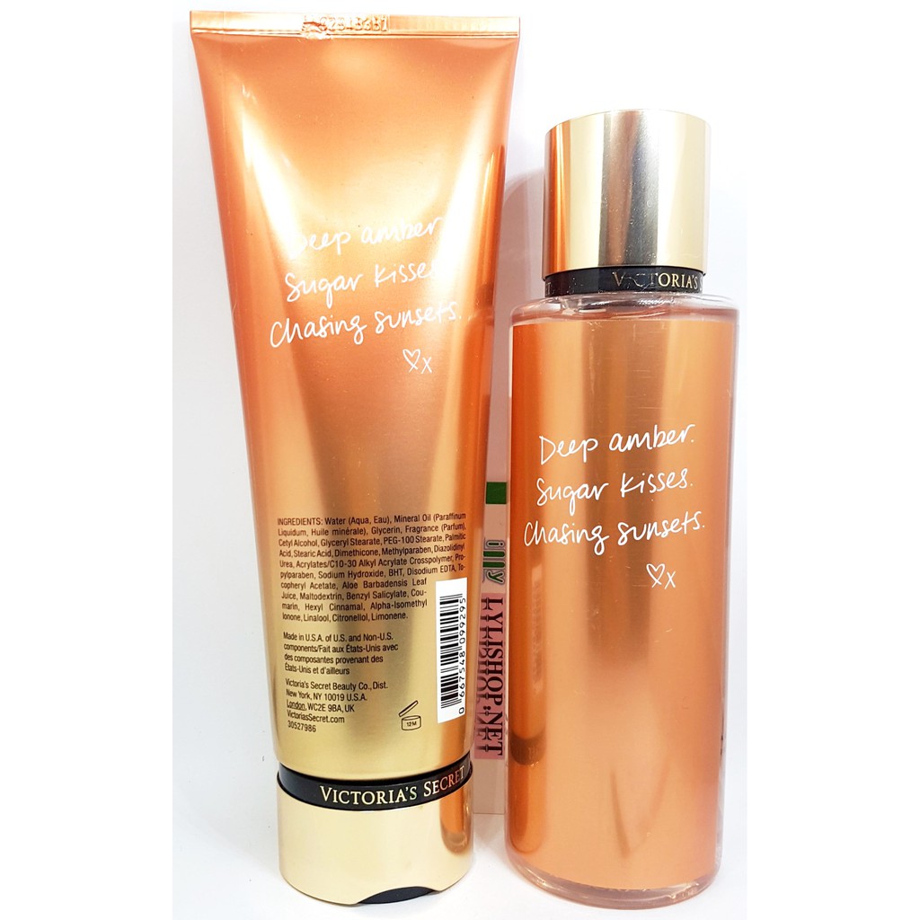 Xịt thơm toàn thân Mist chai 250 ml và lotion dưỡng thể tuýp 236 ml loại Amber Romance hãng Victoria's Secret từ mỹ