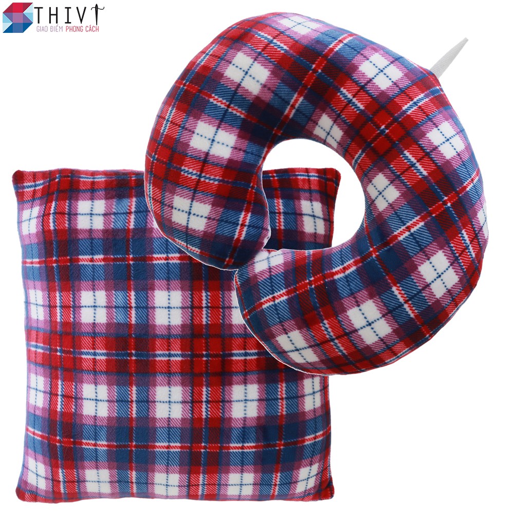 Combo Gối Tựa Lưng và Gối Kê Cổ chữ U caro đỏ xanh 58