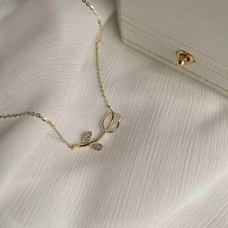 Vòng cổ Thép Titan Mạ Vàng / Bạc 925 Mặt Hoa Tulip Đính Đá Zircon Đơn Giản Thời Trang Cho Nữ