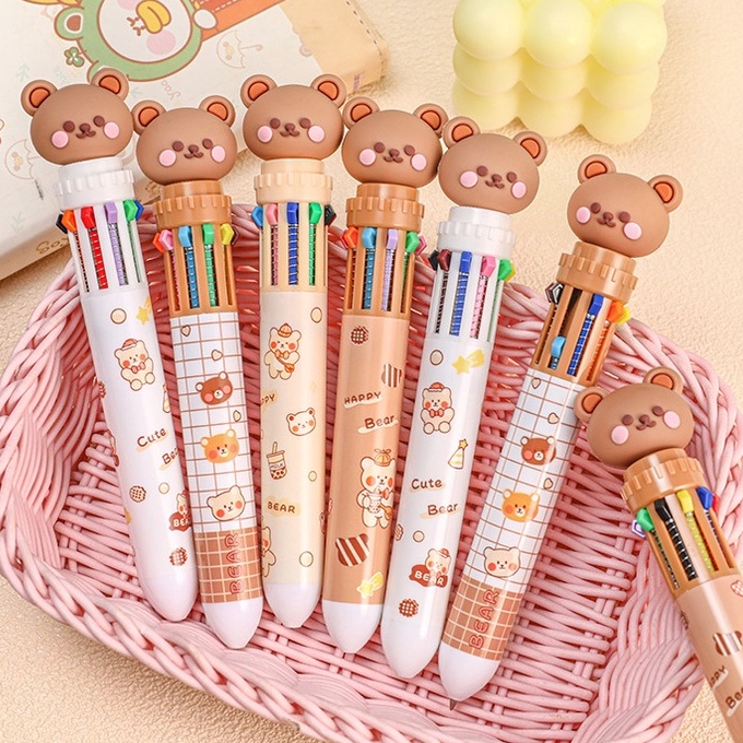 Bút Bi 10 Ngòi Trong 1 Đính Charm Moka, Hình Gấu Nâu Cute Bear