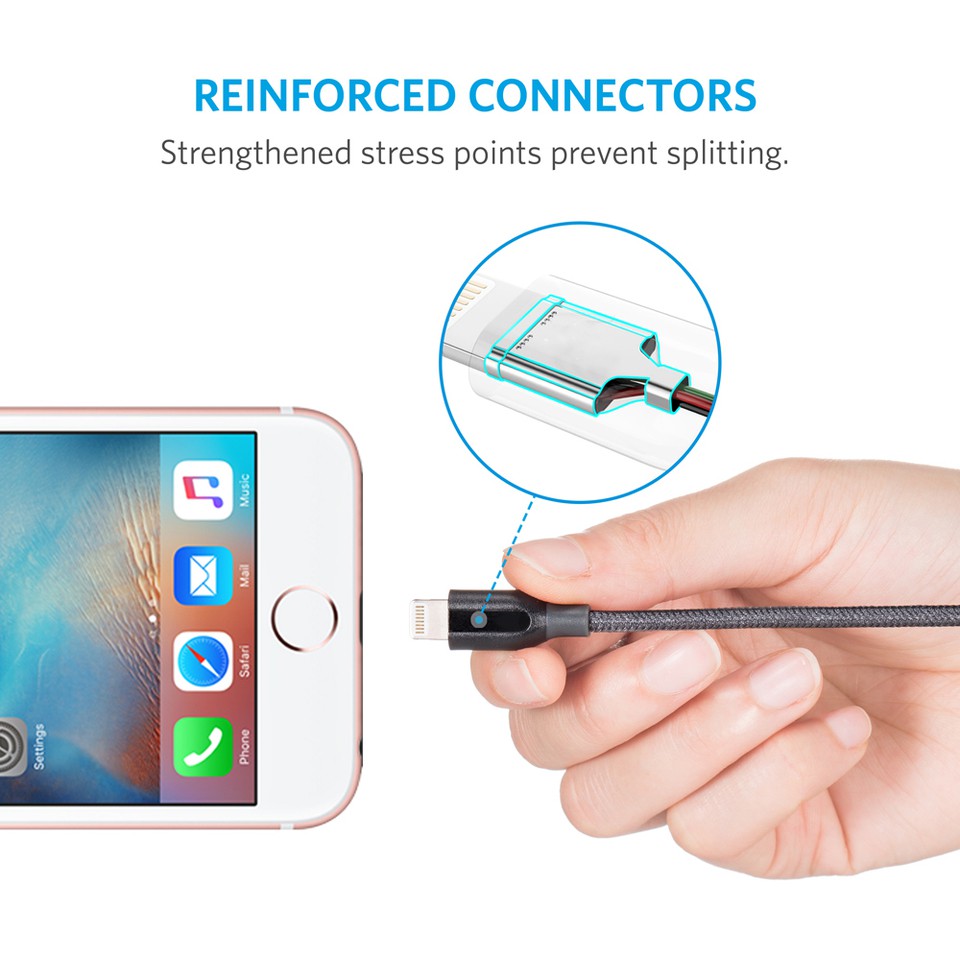 Cáp sạc nylon ANKER PowerLine+ Lightning MFi dài 1.8m (không túi da) cho iPhone iPad iPod - A8122