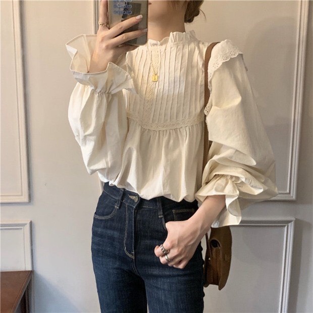 Áo sơ mi viền bèo ren ngực tay phồng - Áo babydoll cánh tiên viền ren bo tay