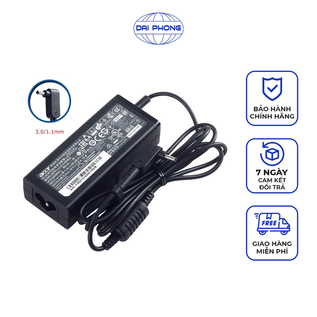 Sạc Adapter Acer 19V - 2.37A Swift 3, sạc laptop acer chân nhỏ 1.00 mm dây sạc máy tính Acer.